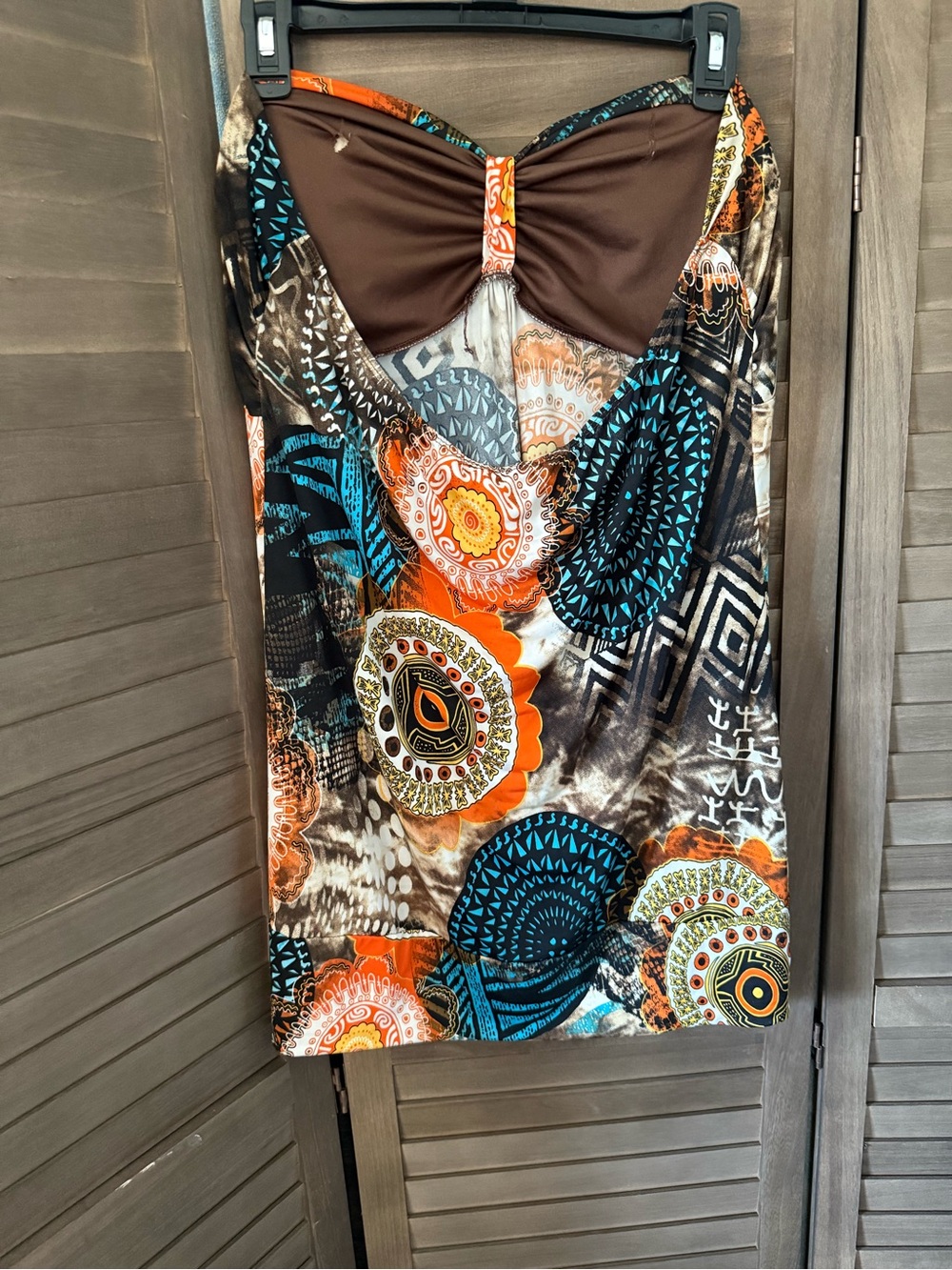 VTG Y2K racerback Mandela print boho mini dress./tunic. Srapless with brooch